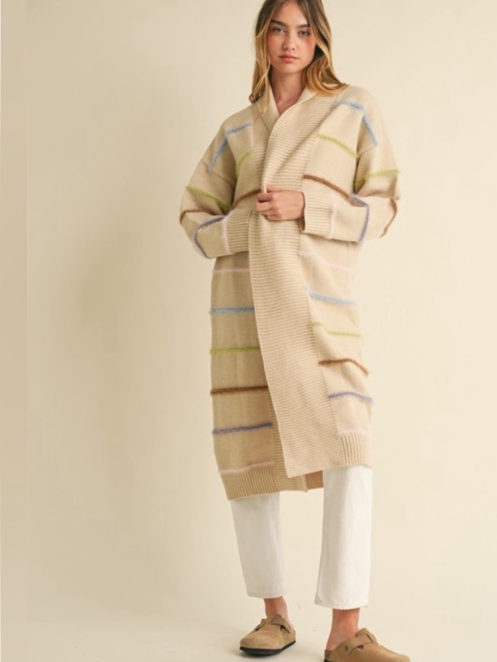 Mable Multicolored Stripe Open Front Cardigan Duster small